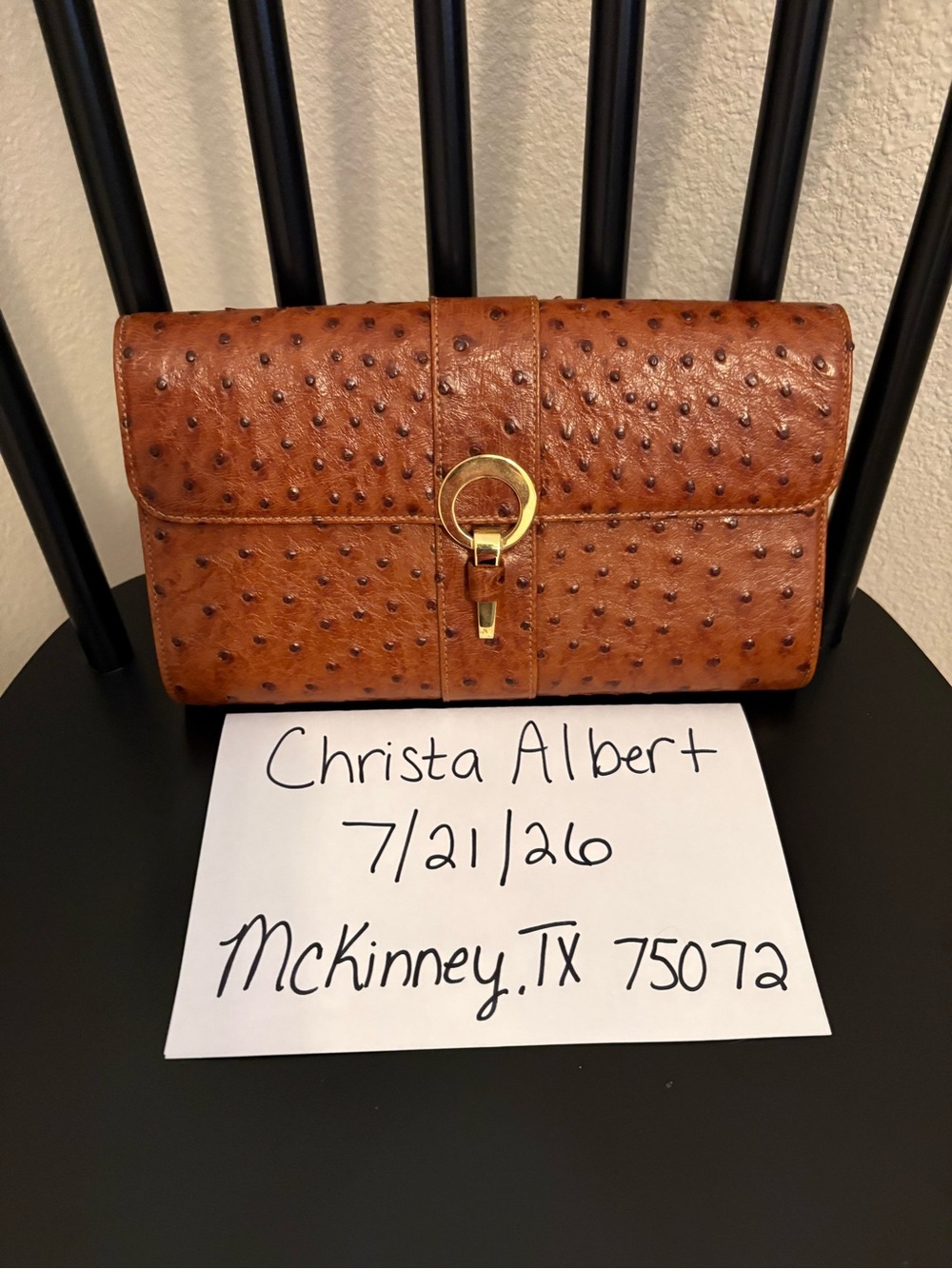 Brown Ostrich-Textured Wristlet Clutch with Gold Ring Hardware
